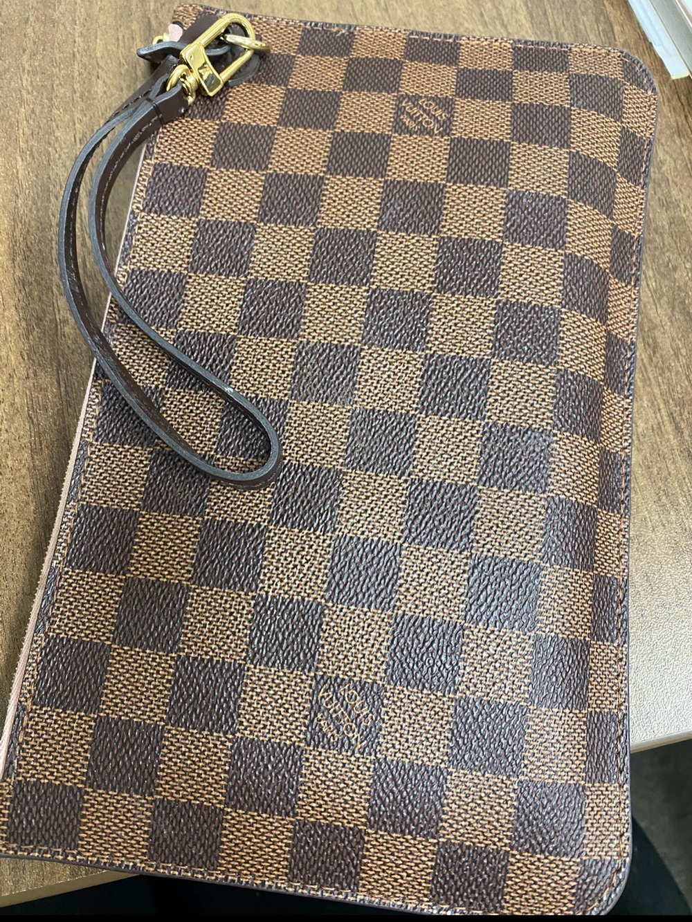 Brown Checkered Wristlet Clutch